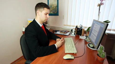 Man Begins Typing Documents Stock Footage 39149764