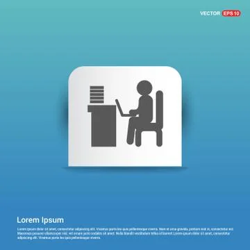 Man behind the computer desk Icon - Blue Sticker button Stock Illustration