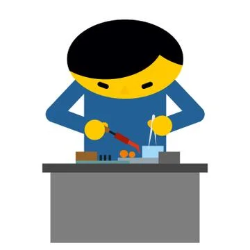 Man behind desk repairs electronic equipment. Engineer in workplace. Chinese  Stock Illustration
