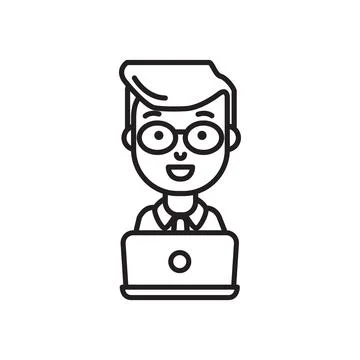 Man behind laptop outline vector illustration Stock Illustration