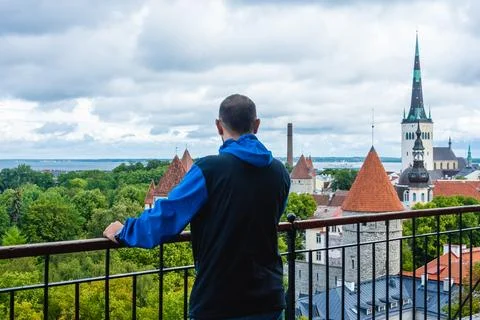 Man from behind at Patkuli platform, Tallinn view. Stock Photos