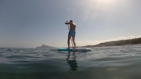 Man from behind practicing paddle surfing on the beach against the light Stock Footage 245502896