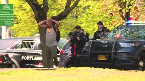MAN BEING ARRESTED BY COPS IN DOWNTOWN PORTLAND, OREGON Stock Footage 308689927