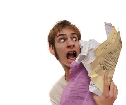 Man being attacked by an overload of paperwork! Foto stock