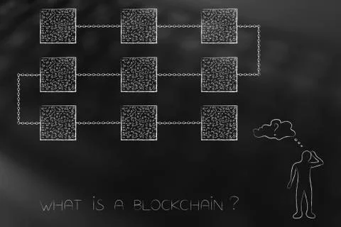 Man being doubtful or confused next to a blockchain イラスト素材