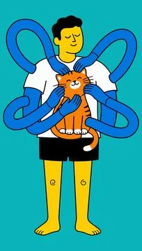 Man being hugged by multiple blue arms while holding a cat Stock Illustration