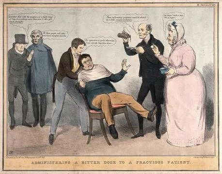 A man being restrained in a chair while a doctor and nurse prepare to give .. Stock Illustration