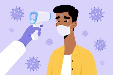 A man being screened for coronavirus using a non contact forehead Stock Illustration