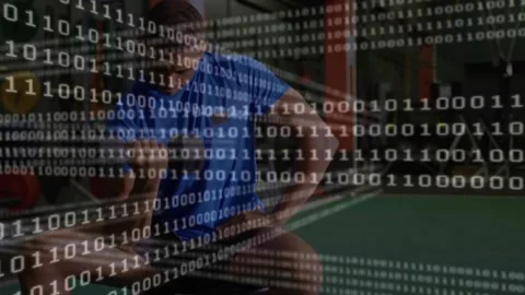Man on bench reaching to adjust gear, preparing workout while binary digits Stock Footage 323336684