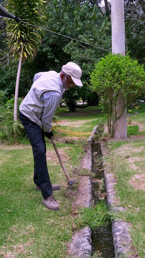 Man bends, clearing grass from a stone drainage ditch Stock Footage 339637946