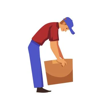 Man bends down to pick up a box with load, flat vector illustration isolated. Stock Illustration