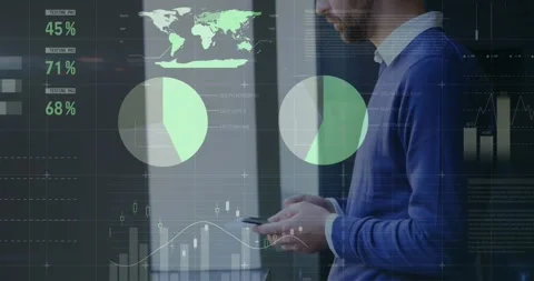 Man beside window tapping phone, generating finance HUD for monitoring markets Stock Footage 331820622