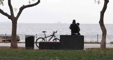 Man with bicycle calling by seaside bench between trees in Istanbul Stock Footage 321035813
