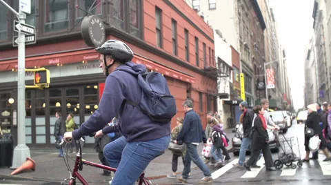 Man Bicycle Helmet New York City Traffic Street NYC Slow Motion Manhattan Stock Footage