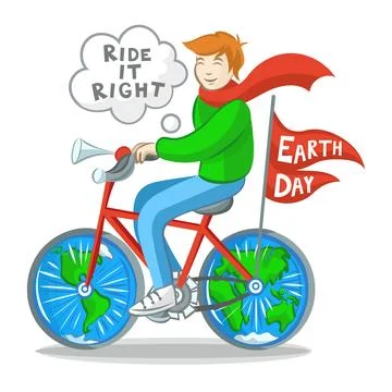 Man on a bicycle with hemispheres of the Earth instead of wheels Stock Illustration