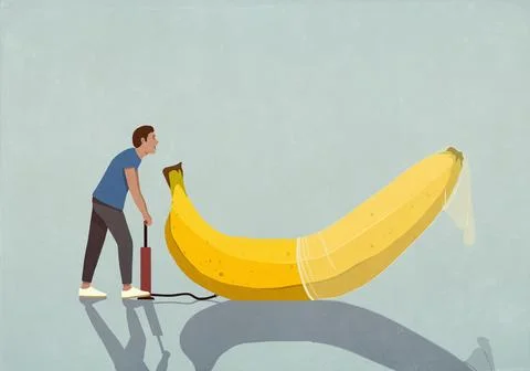 Man with bicycle pump inflating condom on banana Illustrazione stock