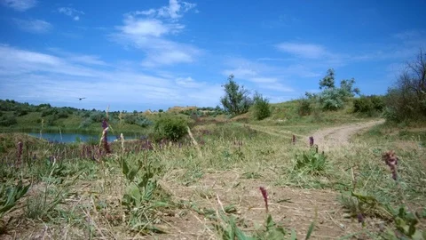 The man on a bicycle rides on a dirt road upwards Stock Footage 90968053
