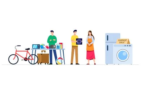 Man Bid Second Hand Item At Garage Sale Market Stock Illustration
