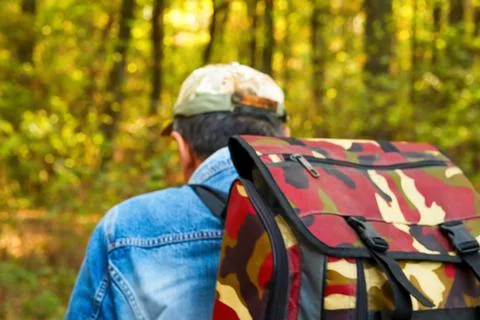 A man with a big backpack is walking through an autumn forest in Espoo, Fin.. Stock Photos