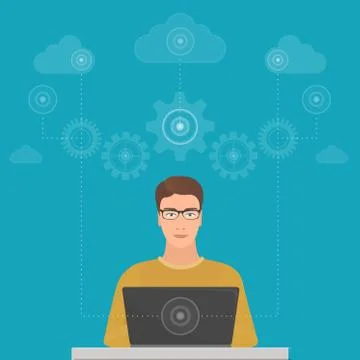 Man big data software engineer programmer with laptop concept with cloud data 스톡 일러스트