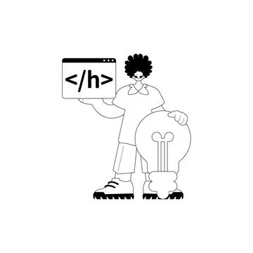 Man with big light up bulb and window with program icon . Black and white n.. Stock Illustration