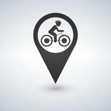 Man on bike map pin pointer, concept of biking, bycicle sale, rent-a-bike, trip Stock Illustration