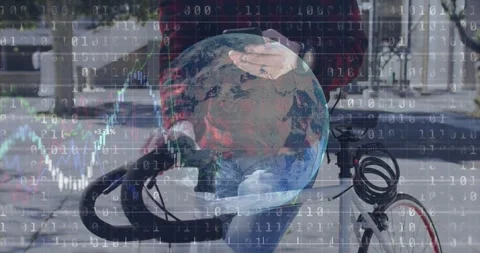 Man by bike using phone, causing finance globe on torso, binary stock chart Stock Footage 322119902