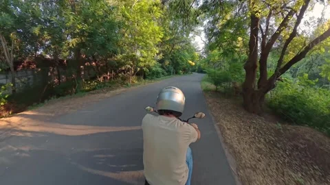 Man Bikers Riding Motorcycle Through Forest. Wide Angle Action Camera Stock Footage 313789264