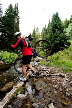 Man biking on path outside Foto stock