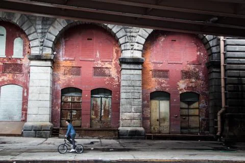 Man biking under bridge Stock Photos