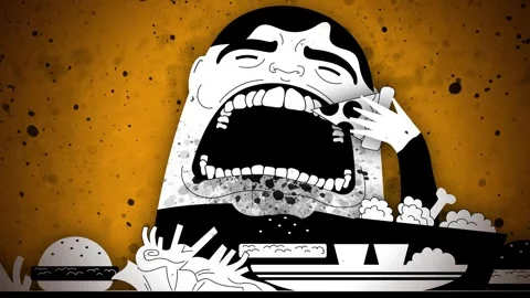 Man with binge eating disorder devouring junk food Video stock 342376692