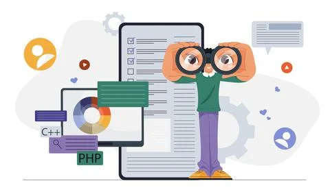 Man with binoculars analyzing data and charts. Stock Illustration