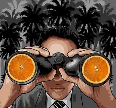 Man with binoculars in a forest of coconut trees Stock Illustration