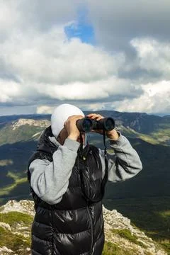 Man Binoculars Looking Mountain Stock Photos