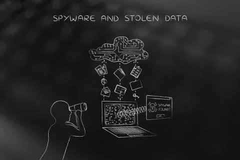 Man with binoculars spying on private data transfer, spyware threats Illustrazione stock