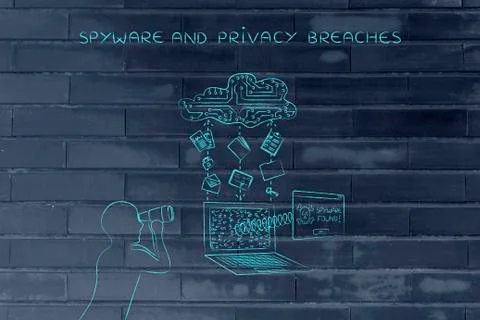 Man with binoculars spying on private data transfer, spyware threats 스톡 일러스트