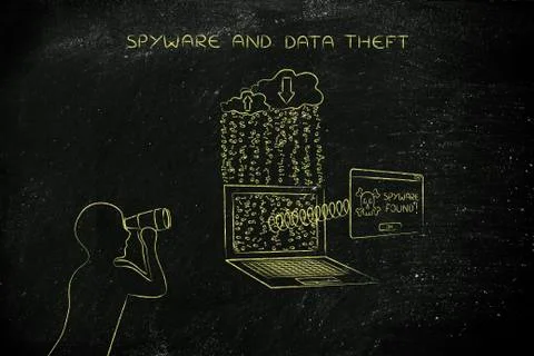 Man with binoculars spying on private data, spyware found pop-up Stock Illustration