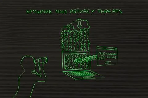 Man with binoculars spying on private data, spyware found pop-up Stock Illustration