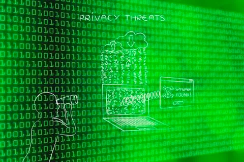 Man with binoculars spying on private data, spyware found pop-up Illustrazione stock