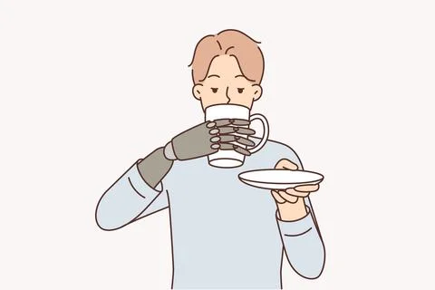 Man with bionic prosthetic arm drinks coffee from cup thanks to innovations in 스톡 일러스트