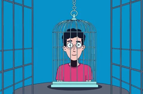 Man in a Birdcage Stock Illustration