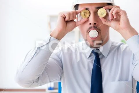 Man in bitcoin mining business concept Stock Photos