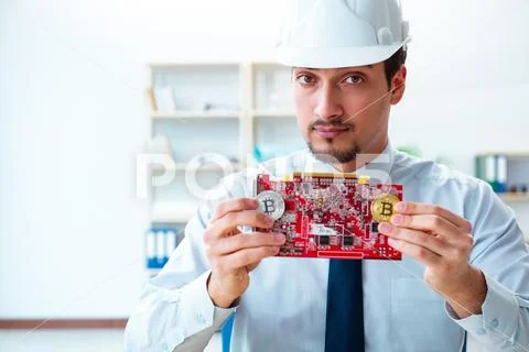 Man in bitcoin mining business concept Stock Photos