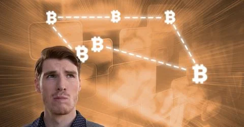 Man with bitcoin technology information interface 스톡 사진