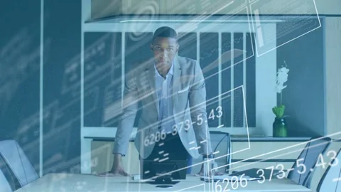 Man in biz meeting checking tablet, pushing docs, leaning on table preparing Stock Footage 333609665