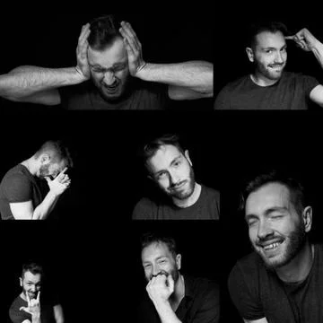 A man on a black background with different expressions of emotions.A collage of Stock Photos