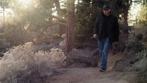 Man in black coat walks down a beautiful trail in the backlit evening Stock Footage 99598367