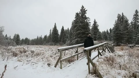 A man in a black coat walks slowly across a wooden bridge  Stock Footage 142850952