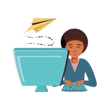 Man black with desktop computer and airplane paper Stock Illustration