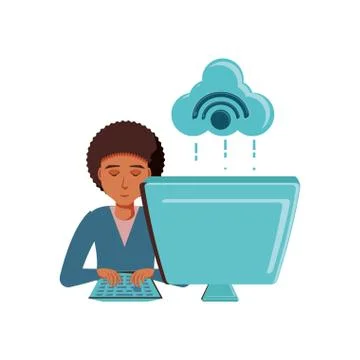 Man black with desktop computer and cloud computing 스톡 일러스트